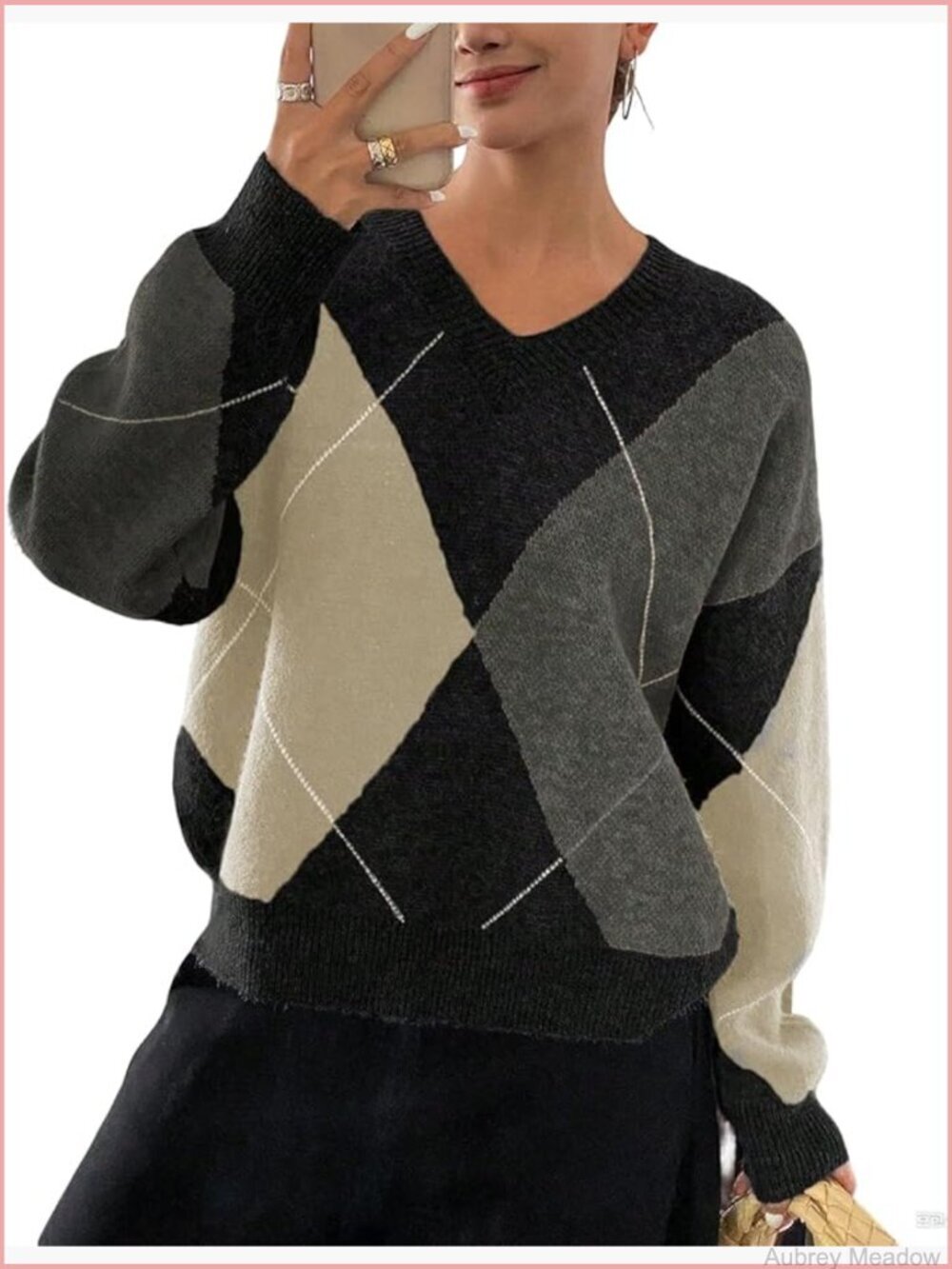 Oversized V-Neck Argyle Chunky Knit Sweater Pullover